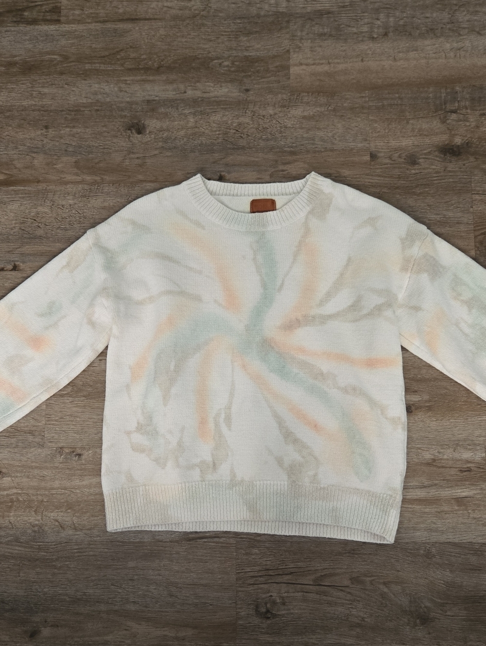 POL Cream Crewneck Sweater with Pastel Tie-Dye Accents